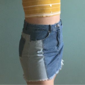 High rise two tone denim jean skirt